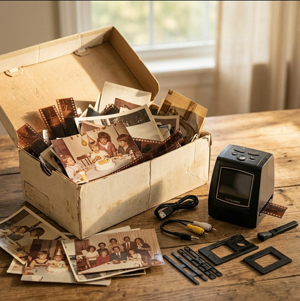 Shoebox of old family photos and film negatives with scanner